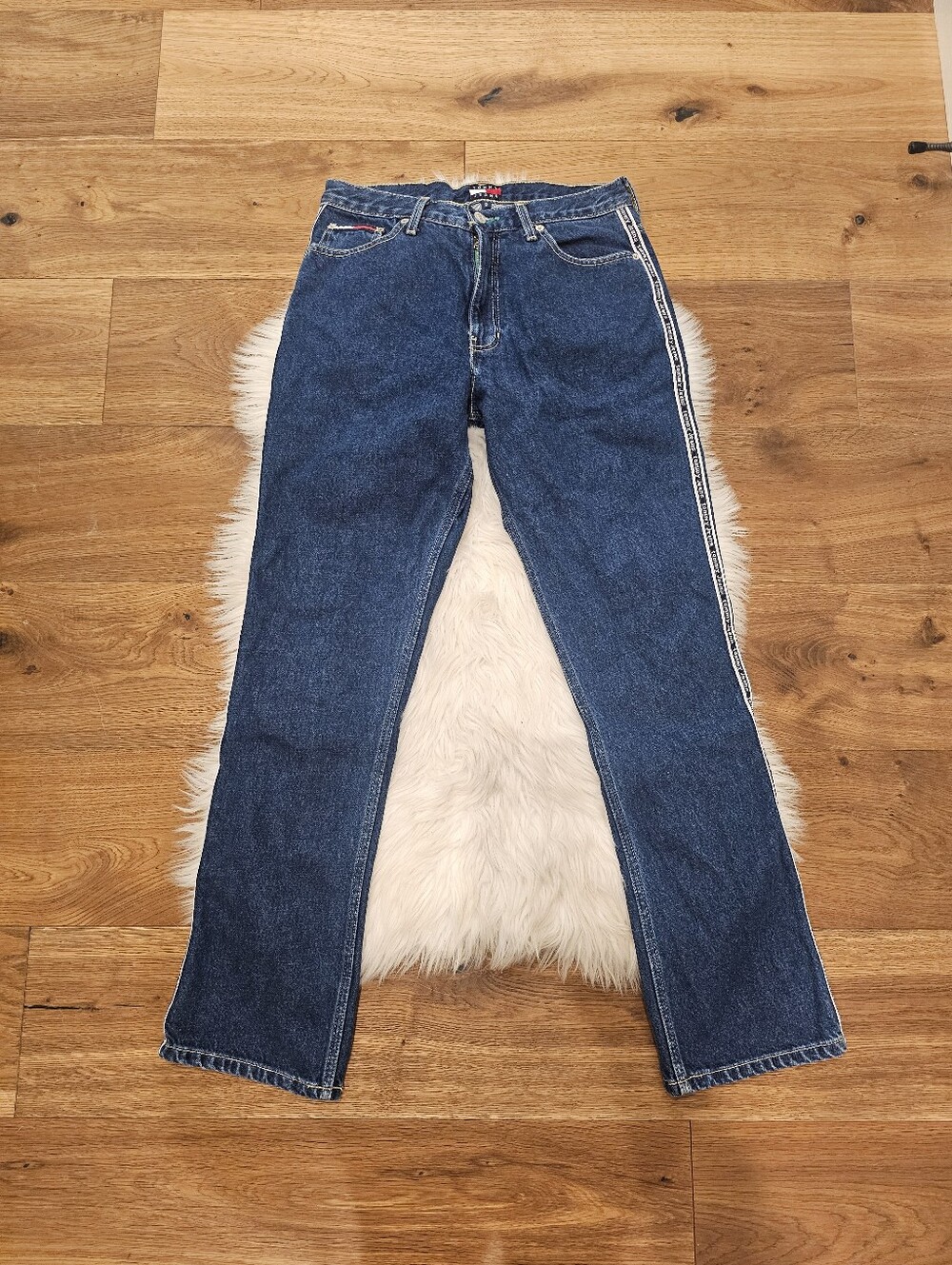 Vintage Mid Rise Tommy Hilfiger Dark Blue Straight-Leg Jeans with Side Stripe